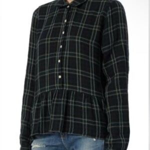 Trovata Birds of Paradise Black and Green Plaid Button-Down Shirt w/ Peplum Sz L